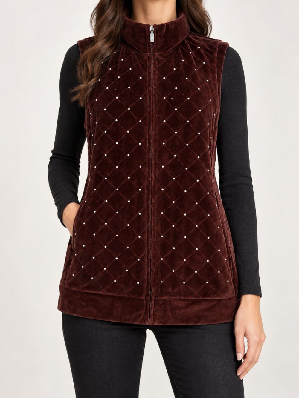 Women's Brown Quilted Velvet Rhinestone Studded Vest, L